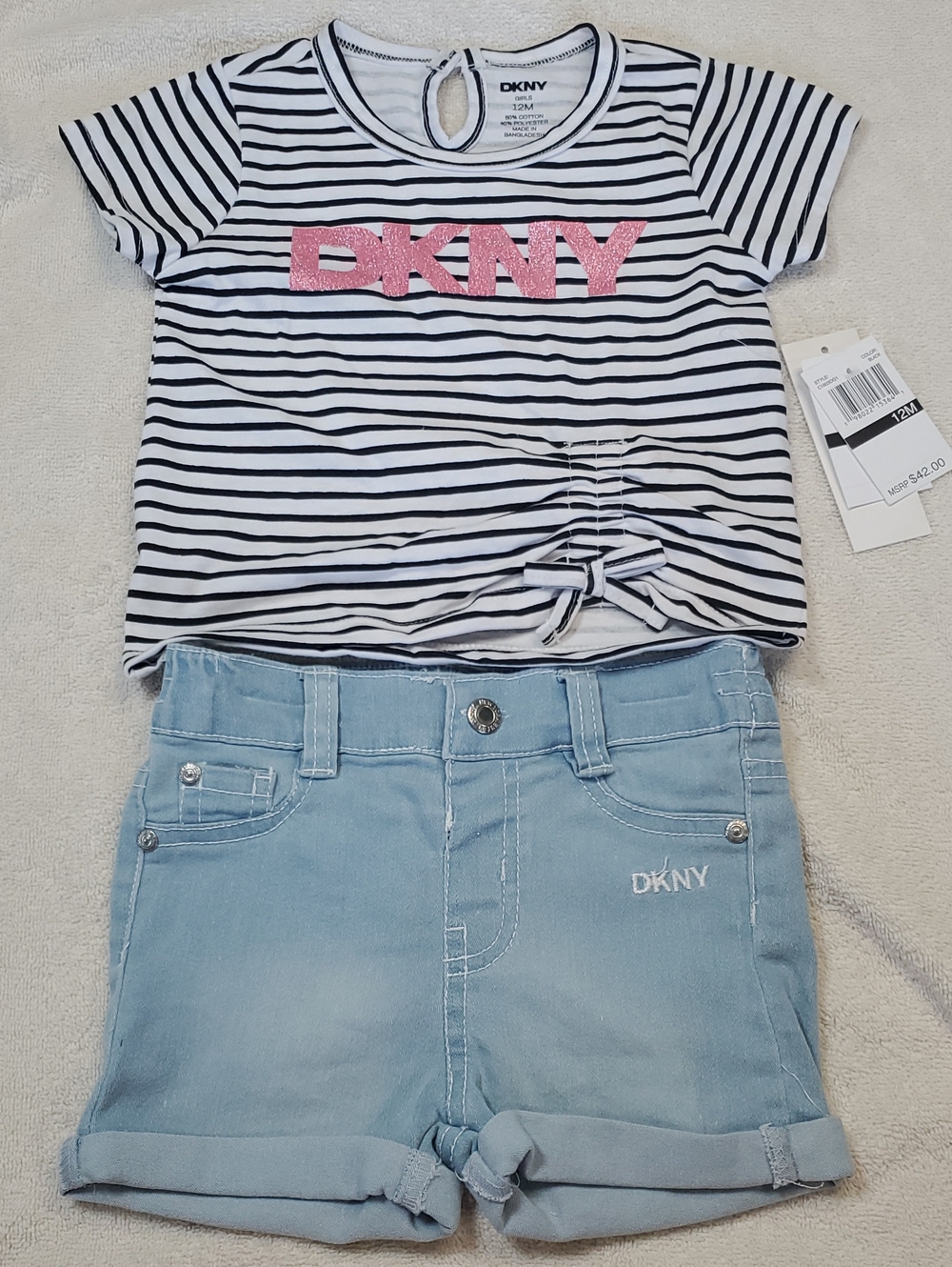 NWT DKNY Girls Striped Tee & Light Wash Denim Shorts Set - 12 Months